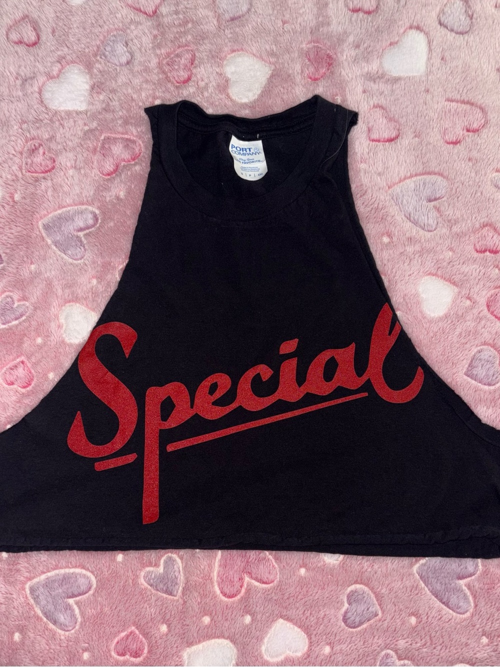 Black Crop Tank with Red "Special" Script
